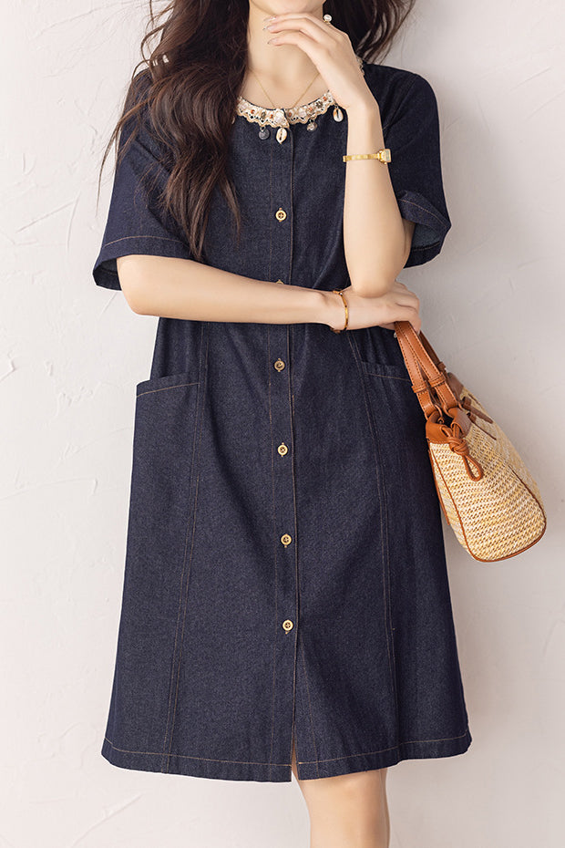 Fashion Casual Ribbon Spliced Denim Dress - liwisi