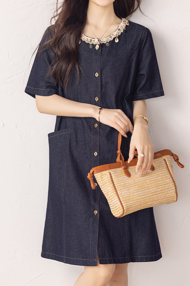 Fashion Casual Ribbon Spliced Denim Dress - liwisi