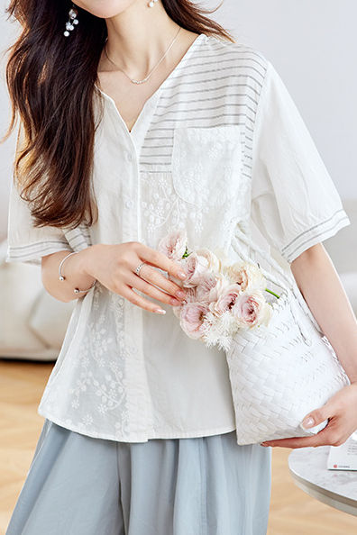Versatile Embroidered Spliced Short-sleeve Shirt - liwisi