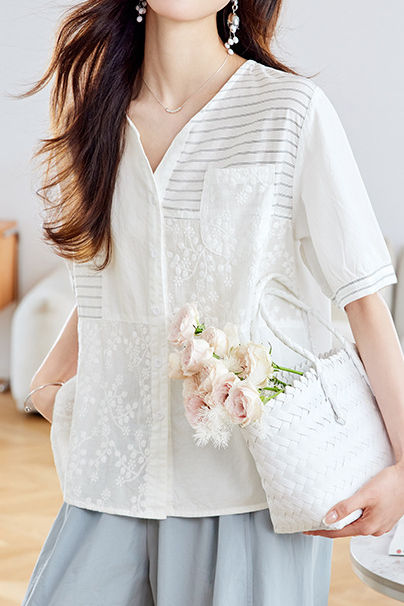 Versatile Embroidered Spliced Short-sleeve Shirt - liwisi