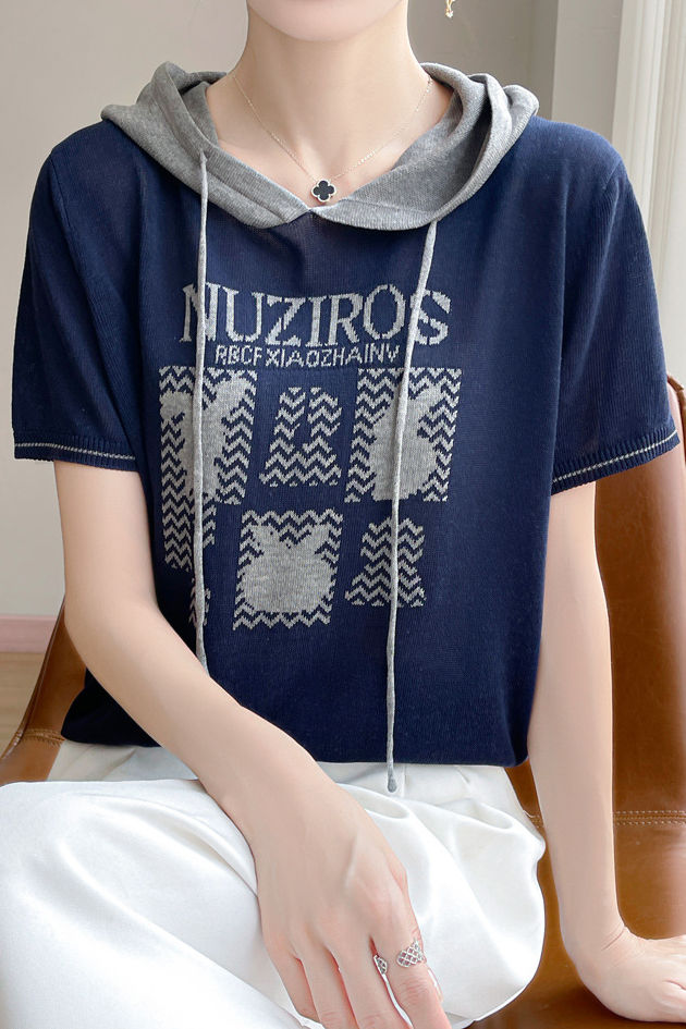 Fashionable Versatile Hooded Short-sleeve Knit Top - liwisi