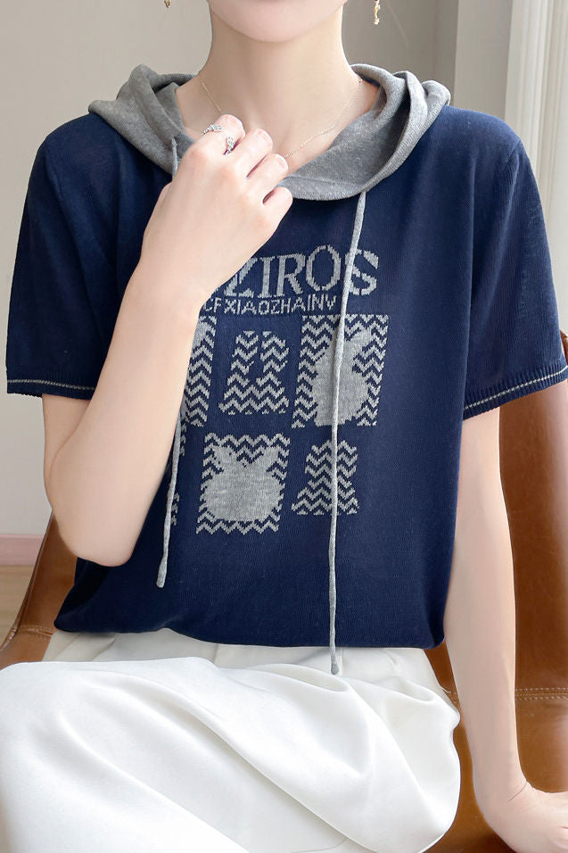 Fashionable Versatile Hooded Short-sleeve Knit Top - liwisi