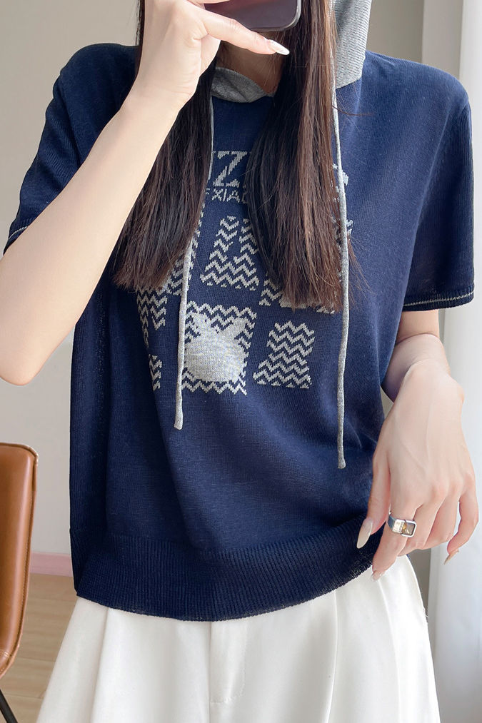 Fashionable Versatile Hooded Short-sleeve Knit Top - liwisi