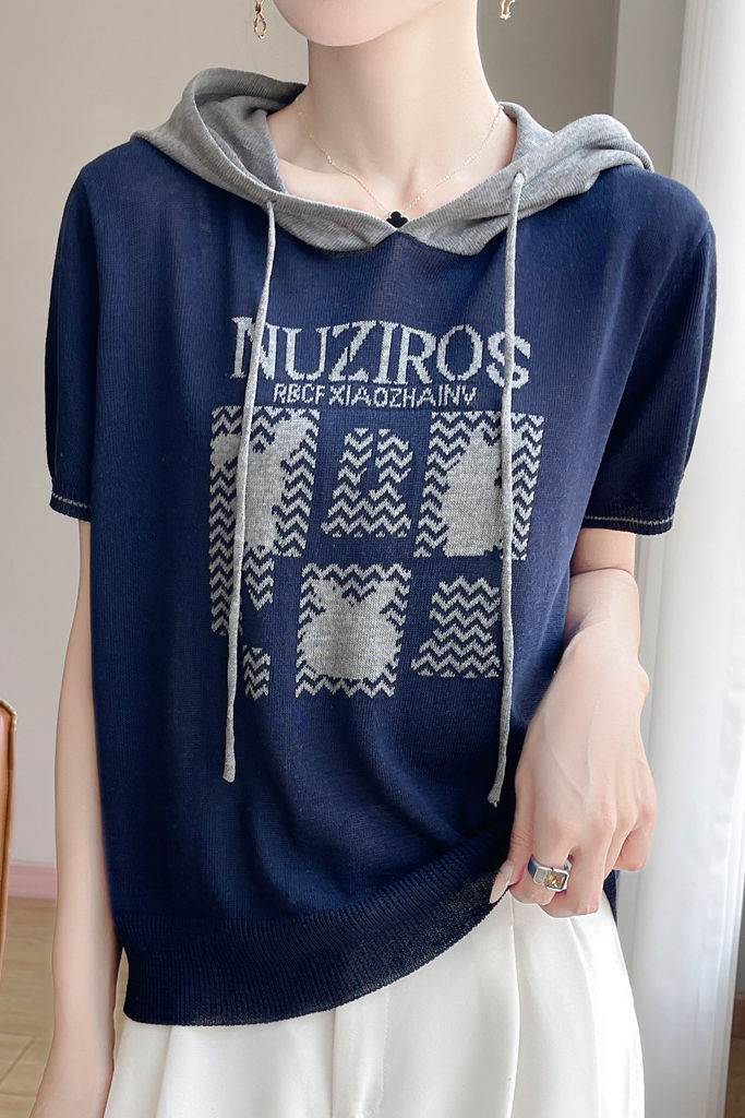 Fashionable Versatile Hooded Short-sleeve Knit Top - liwisi