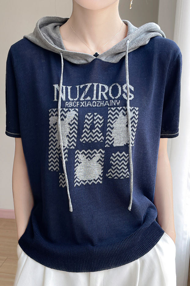 Fashionable Versatile Hooded Short-sleeve Knit Top - liwisi