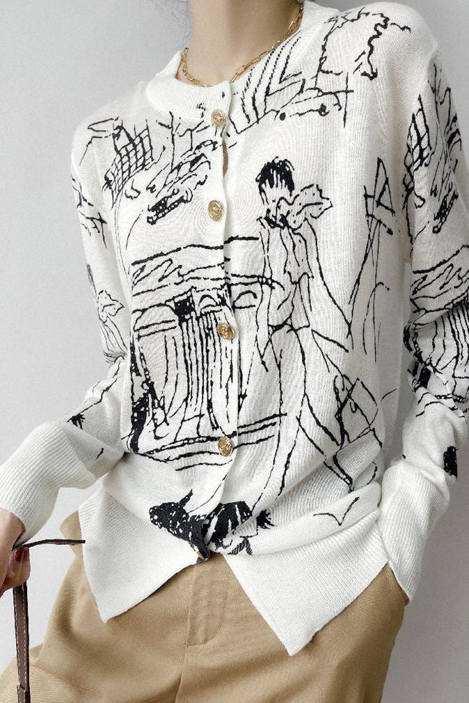 Versatile Printed Long-Sleeve Knit Cardigan - liwisi