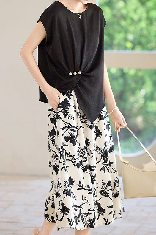Stylish Short-Sleeve Printed Skirt Two-Piece Set - liwisi