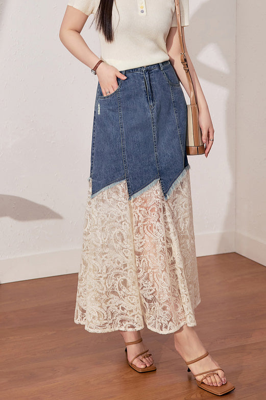 Stylish Lace-Paneled Denim Skirt - liwisi