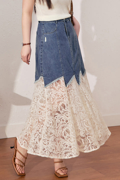 Stylish Lace-Paneled Denim Skirt - liwisi