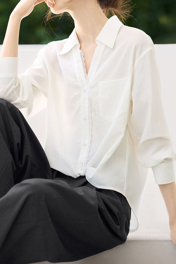 Early Autumn French-Style Lace-Trimmed Long-Sleeve Shirt - liwisi