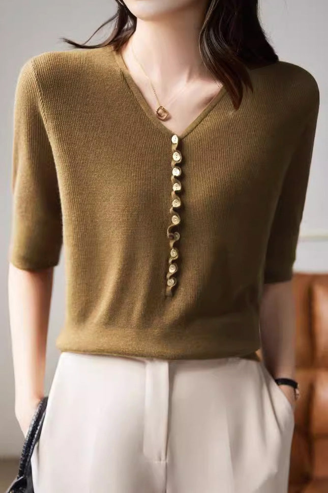 Casual Office-Ready V-Neck Three-Quarter Sleeve Knit Top - liwisi