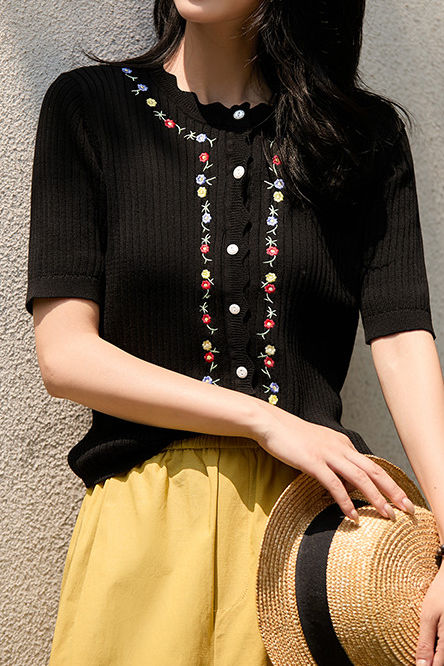 French Embroidered Button Knit Sweater - liwisi