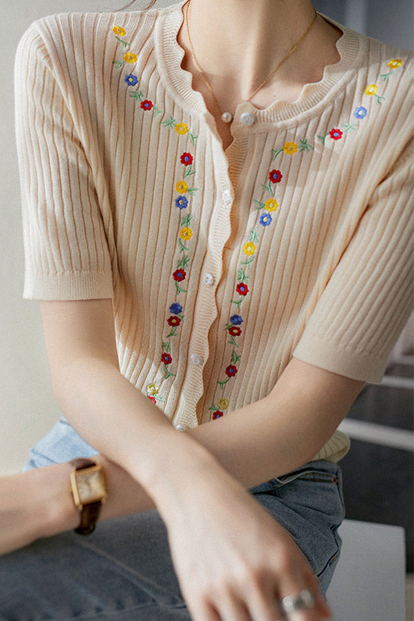 French Embroidered Button Knit Sweater - liwisi