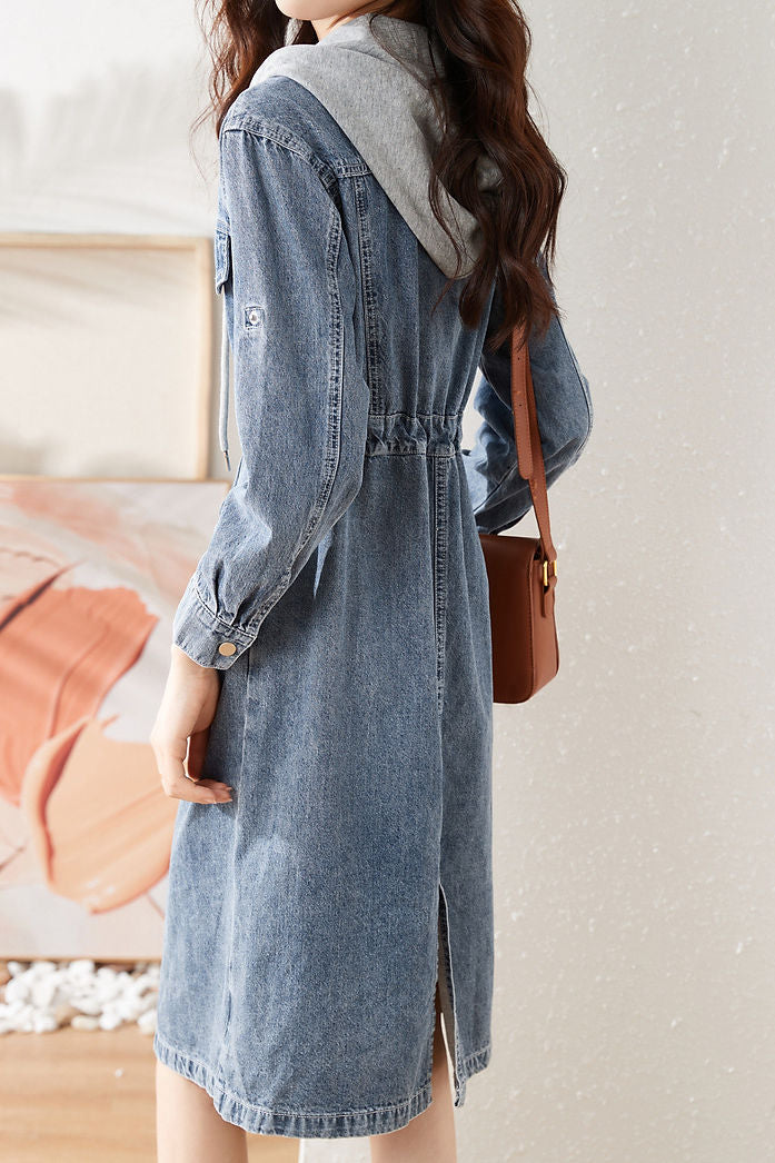 Stylish Hooded Spliced Denim Dress - liwisi