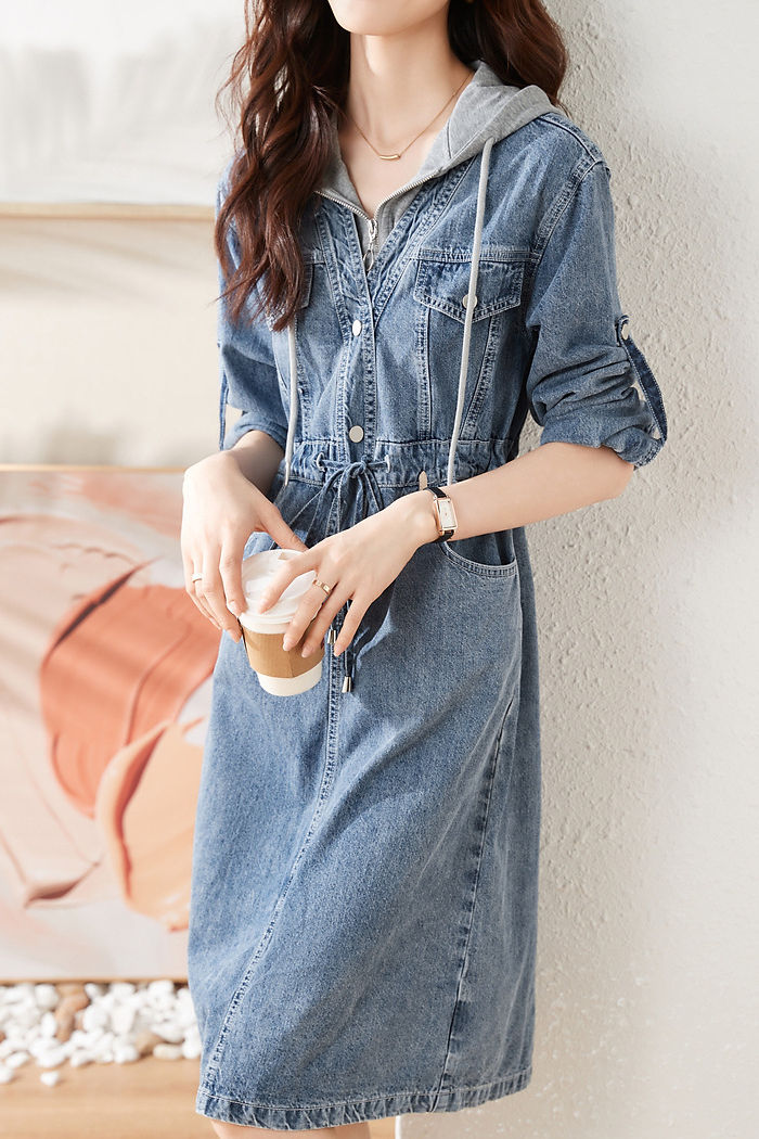 denim hooded dress long denim jacket/Long denim dress /women long jacket/extravagant long jacket/Long denim hooded jacket