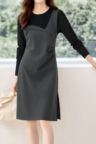Fashionable color-blocking fake two-piece dress - liwisi
