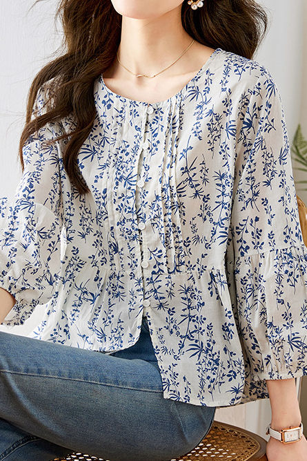 Fashionable Casual Floral Print Three-Quarter Sleeve Shirt - liwisi