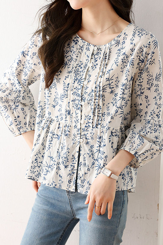 Fashionable Casual Floral Print Three-Quarter Sleeve Shirt - liwisi