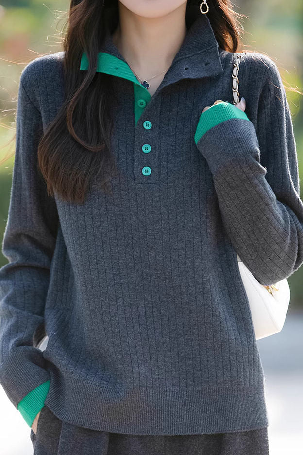 Early autumn retro color-block half-open neck ribbed sweater - liwisi