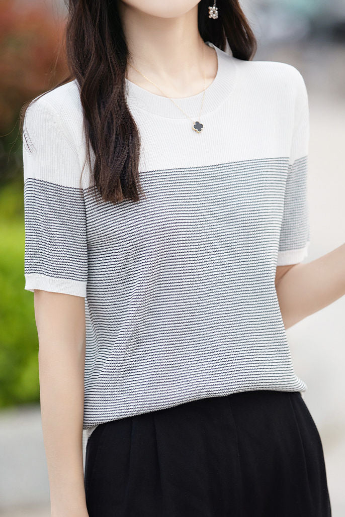 Casual color-block pinstripe knitwear - liwisi