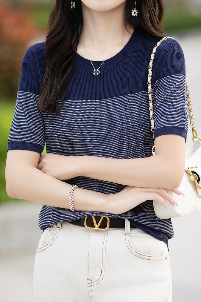 Casual color-block pinstripe knitwear - liwisi
