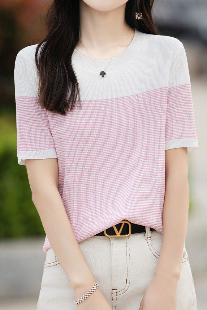 Casual color-block pinstripe knitwear - liwisi