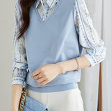 Versatile commuting fake two-piece spliced geometric printed shirt - liwisi