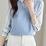 Versatile commuting fake two-piece spliced geometric printed shirt - liwisi