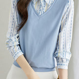 Versatile commuting fake two-piece spliced geometric printed shirt - liwisi