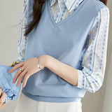 Versatile commuting fake two-piece spliced geometric printed shirt - liwisi