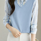 Versatile commuting fake two-piece spliced geometric printed shirt - liwisi