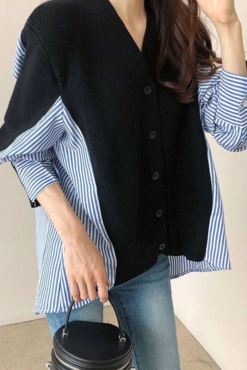 Loose casual color-block spliced striped coat - liwisi