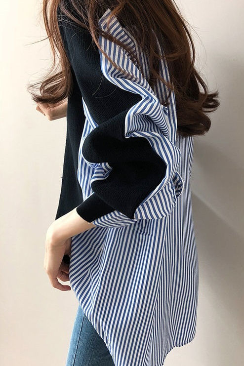 Loose casual color-block spliced striped coat - liwisi