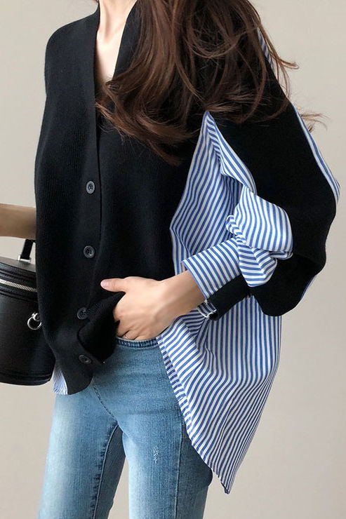 Loose casual color-block spliced striped coat - liwisi