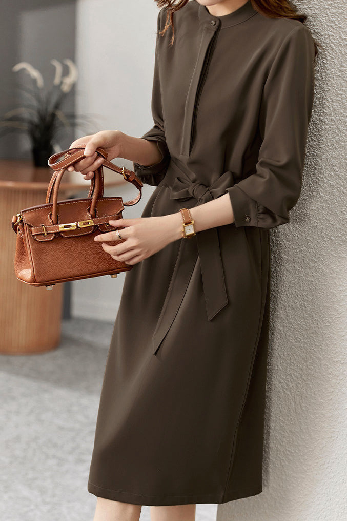 Elegant commuting stand-collar waist-cinched dress - liwisi