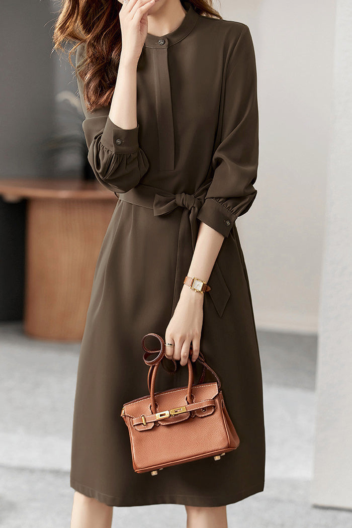 Elegant commuting stand-collar waist-cinched dress - liwisi