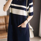 Simple Color-block Horizontal Striped Dress - liwisi