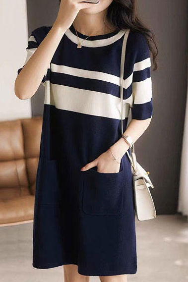 Simple Color-block Horizontal Striped Dress - liwisi