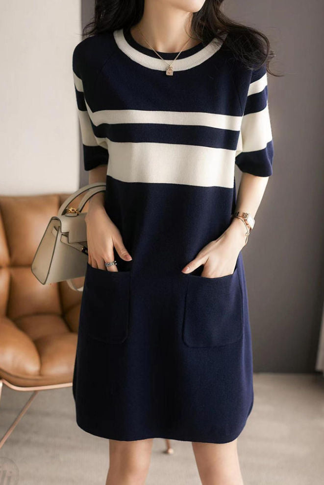 Simple Color-block Horizontal Striped Dress - liwisi
