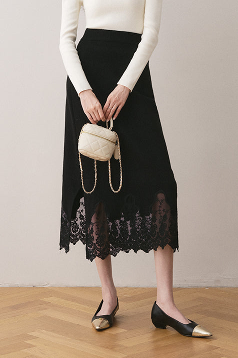 Early autumn lace paneled split midi skirt - liwisi