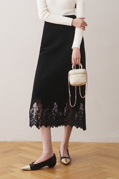Early autumn lace paneled split midi skirt - liwisi