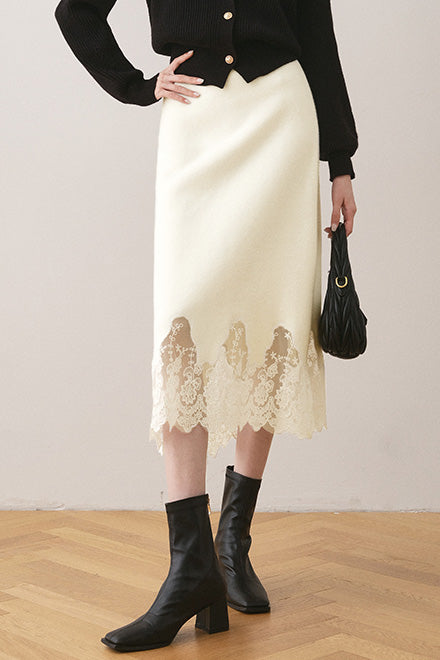 Early autumn lace paneled split midi skirt - liwisi