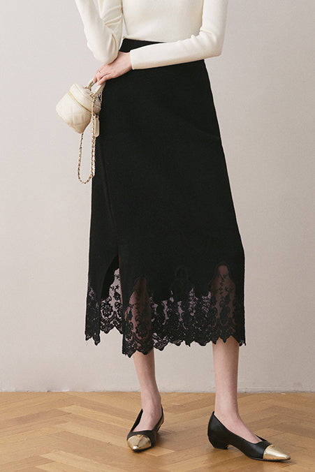 Early autumn lace paneled split midi skirt - liwisi