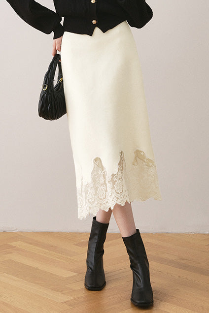 Early autumn lace paneled split midi skirt - liwisi