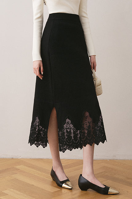Early autumn lace paneled split midi skirt - liwisi