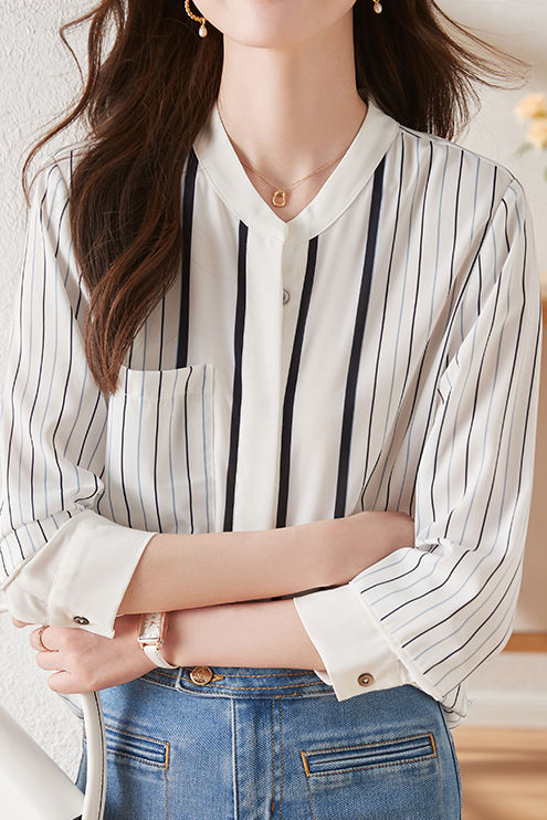 Simple commuter striped long-sleeve shirt - liwisi