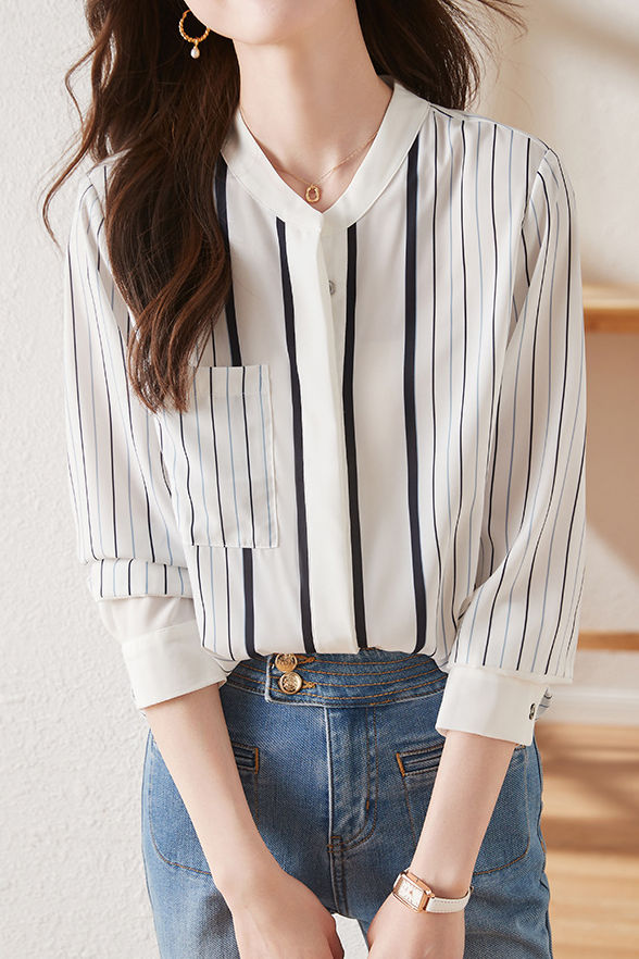 Simple commuter striped long-sleeve shirt - liwisi