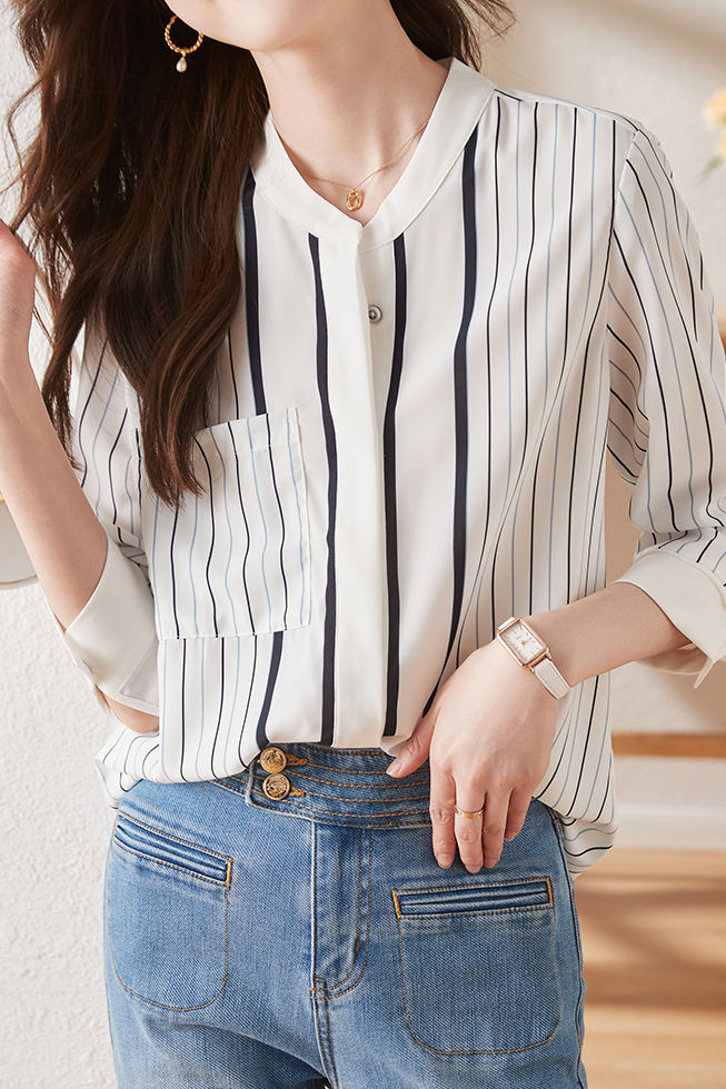 Simple commuter striped long-sleeve shirt - liwisi