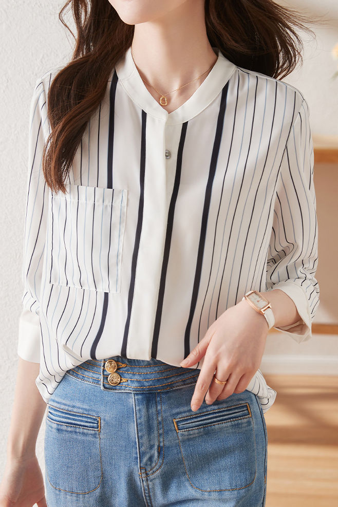 Simple commuter striped long-sleeve shirt - liwisi