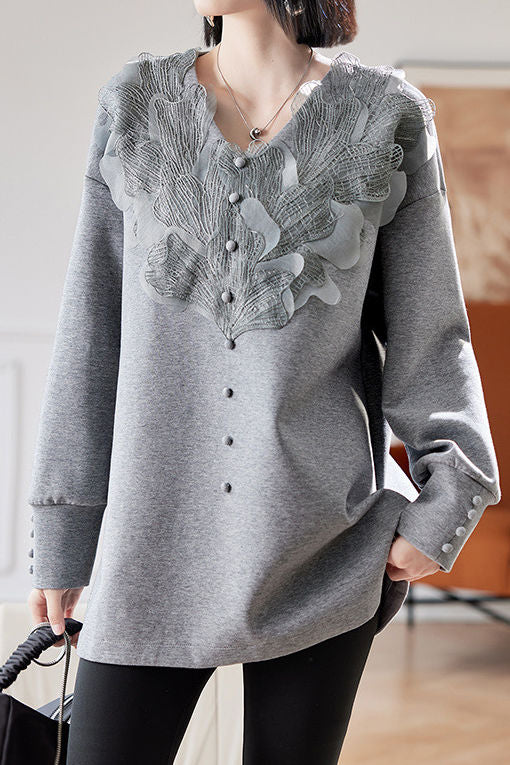 Early autumn stylish casual lace paneled sweatshirt - liwisi